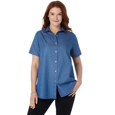 Woman Within Plus Size Short-Sleeve Denim Shirt