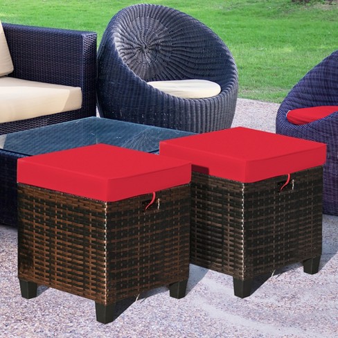 Costway Set Of 2 Patio Rattan Ottoman Footrest Cushions Wooden Handle Red :  Target