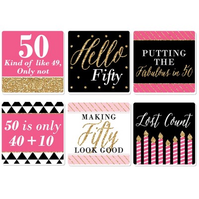 Big Dot of Happiness Chic 50th Birthday - Pink, Black and Gold - Funny Birthday Party Decorations - Drink Coasters - Set of 6