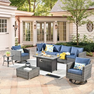 Ovios Venice 9pc Wicker Outdoor Patio Furniture Set Conversation Sofa with a Metal Fire Pit, Swivel Chairs and Cushions - 1 of 4