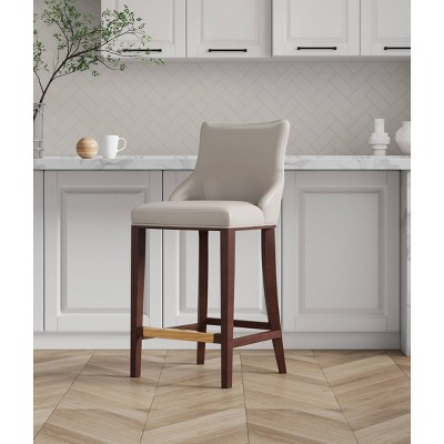 Light Grey Leatherette Upholstered Barstool with Beech Wood Legs