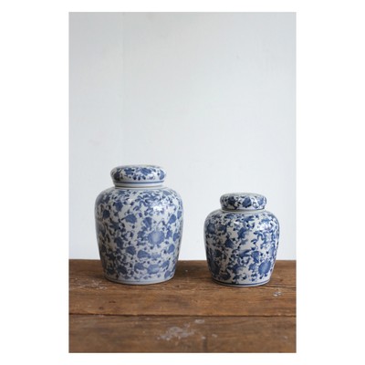 Blue and White Floral Ceramic Ginger Jar with Lid