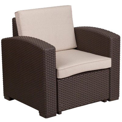 Flash Furniture Chocolate Brown Faux Rattan Chair with All-Weather Beige Cushion