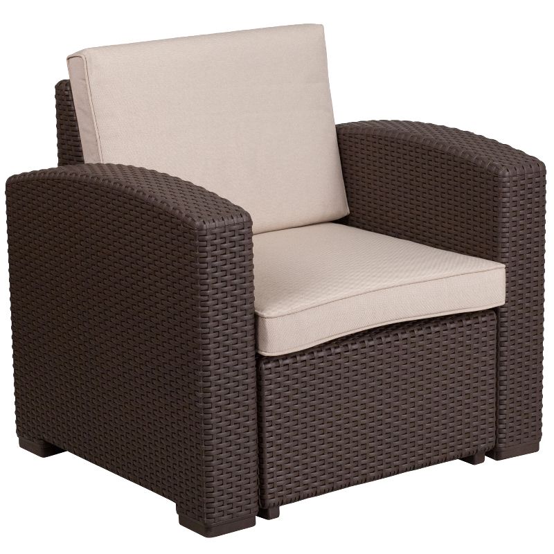 Flash Furniture Chocolate Brown Faux Rattan Chair with All-Weather Beige Cushion, 1 of 12