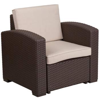 Merrick Lane Outdoor Furniture Resin Chair Chocolate Brown Faux Rattan Wicker Pattern Patio Chair With All-Weather Beige Cushion