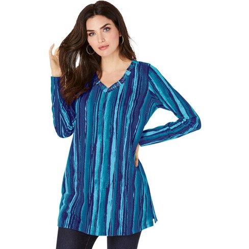 Roaman's Women's Plus Size Studded Tie-Dye Long Sleeve Tunic, 14/16 - Navy  Watercolor Stripe