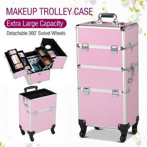 Yaheetech Rolling Aluminum 3 in 1 Makeup Case Trolley Makeup Beauty Box  Case, Pink