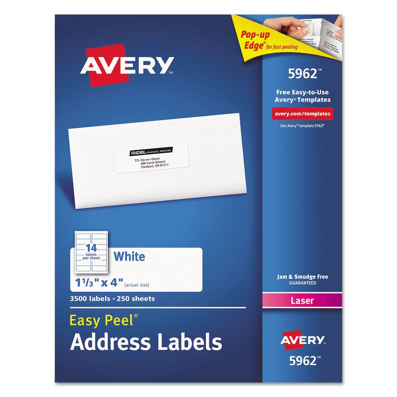 Avery Easy Peel Mailing Address Labels Laser 1 1/3 x 4 White 3500/Box 5962, 1 of 10