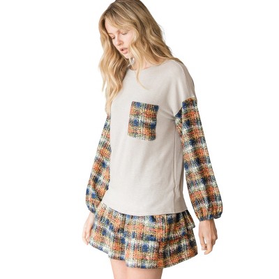 Slickblue Women's Stylish Sweater Top, Color Block Plaid Pocket & Sleeves, Contrast Stitch Neck, Coral/Rust, Size S-L