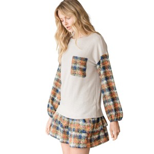 Slickblue Women's Stylish Sweater Top, Color Block Plaid Pocket & Sleeves, Contrast Stitch Neck, Coral/Rust, Size S-L - 1 of 4