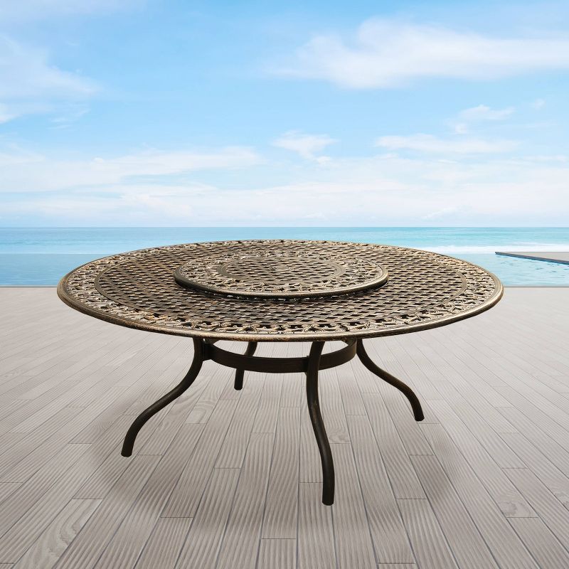 59&#34; Round Ornate Traditional Outdoor Mesh Lattice Aluminum Dining Table with Lazy Susan - Bronze - Oakland Living, 4 of 8