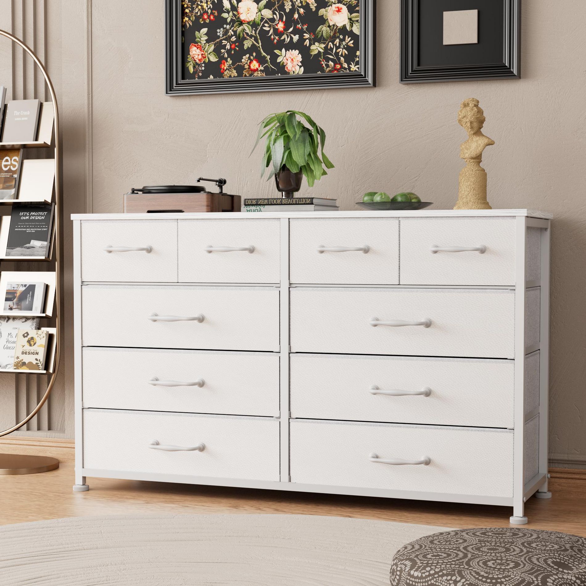 Large 10 Drawer White Dresser and TV Stand for 40 50 inch TV Modern Entertainment Center for Bedroom Living Room Hallway Entryway Storage