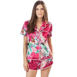 Ashford & Brooks Women's Satin Short Sleeve Pajama Shorts Set - 1 of 4