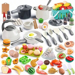 130Pcs Kitchen Playset, Pretend Cooking Set, Pots, Pans, Utensils, Food, Fruits, Veges, Basket,Prop Money, Learning Gift - 1 of 4