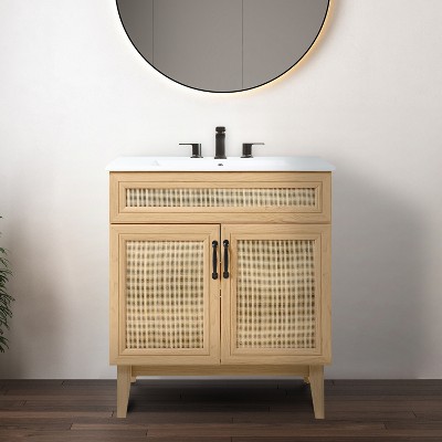 Javer 30" Oak Rattan Modern Farmhouse Bath Vanity Cabinet