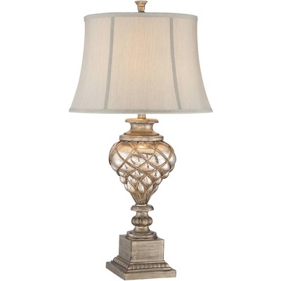 Barnes and Ivy Traditional Table Lamp with Table Top Dimmer Nightlight LED Olde Silver Off White Fabric Bell Living Room Bedroom