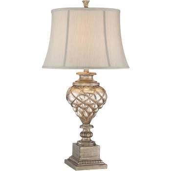 Barnes and Ivy Luke Traditional Table Lamp 33 3/4" Tall Olde Silver with Table Top Dimmer Nightlight LED Off White Fabric Bell for Bedroom Living Room