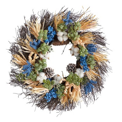 Nearly Natural 22” Autumn Cotton, Eucalyptus, Berries and Pinecones Artificial Fall Wreath