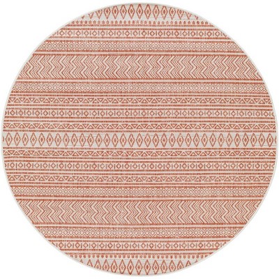 Mark & Day Antibes 6'7" Round Woven Indoor & Outdoor Area Rugs Coral/White: Geometric Bohemian Stain-Resistant Rug