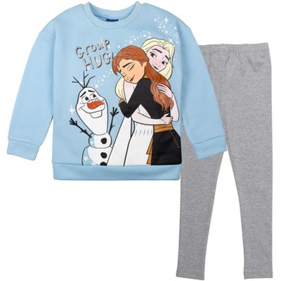 Disney Frozen Princess Anna Elsa Olaf Little Girls Fleece Sweatshirt and  Leggings Outfit Set Light Blue / Grey 6