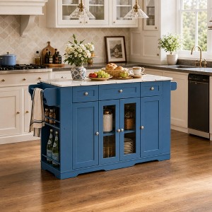 ModernLuxe Mobile Kitchen Island with Foldable Marble‑Look Veneer