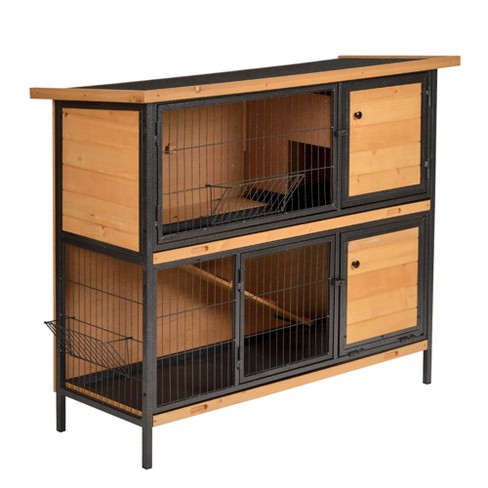 Fir Wood Bunny Cage for Indoor/Outdoor Removable Tray PawHut Elevated Rabbit Hutch Bunny Hutch with Hinged Asphalt Roof Brown 