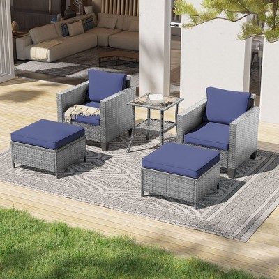 Sonkuki 5 Pieces PE Rattan Furniture Set with Side Table, Patio Chair with Washable Cushion, Ottomans for Balcony, Porch and Yard