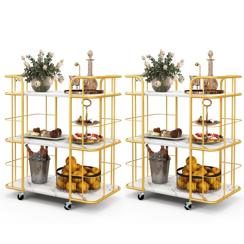 Tangkula 2 PCS 3-Tier Kitchen Storage Utility Cart Gold Rolling Bar Serving w/Lockable Casters, 1 of 11