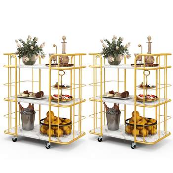 Tangkula 2 PCS 3-Tier Kitchen Storage Utility Cart Gold Rolling Bar Serving w/Lockable Casters
