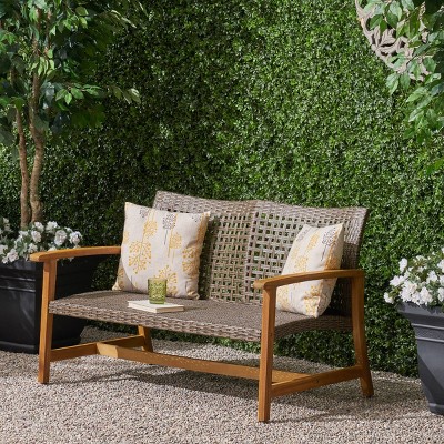 Outdoor Patio Loveseat Sofa Set, Wicker Loveseat Sofa for 2 People, Loveseat Sofa with Acacia Wood Frame and Woven Seating-Coolbibila
