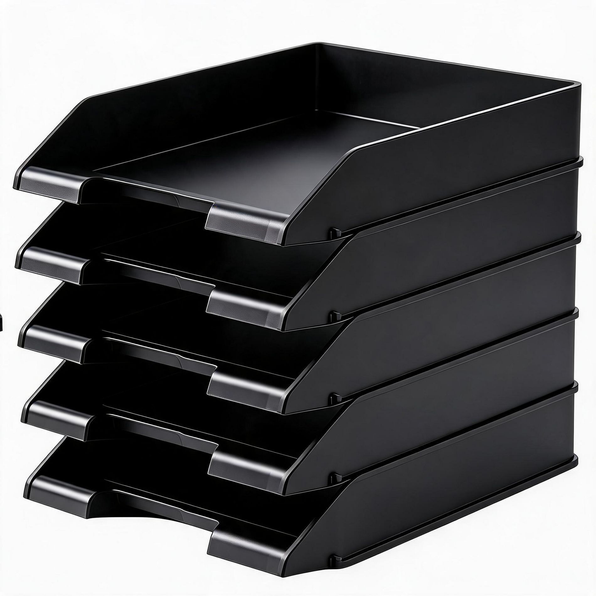5-Pack Stackable Desk Organizer Paper Tray - Durable HIPS Letter Size File Tray - Modern Minimalist Office Desktop Storage Set in Black