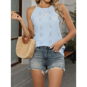 Women's Sleeveless Halter Tank Tops Eyelet Textured Casual Loose Lightweight Cami Shirts Blouse - 1 of 4