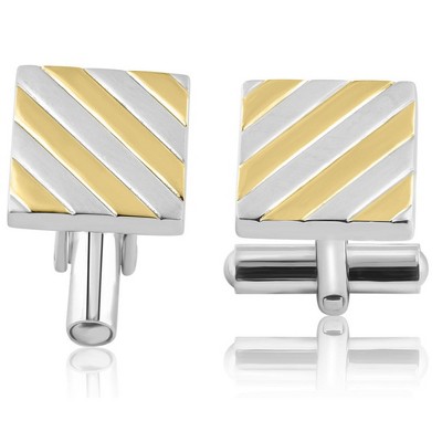 Pompeii3 Men's Stainless Steel And Gold Striped Rectangle Polished 14mm Cufflink