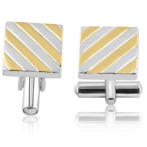 Pompeii3 Men's Stainless Steel And Gold Striped Rectangle Polished 14mm Cufflink - 1 of 3