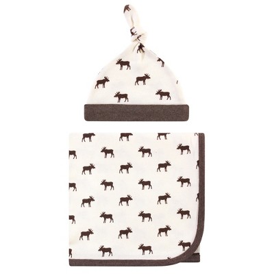 Image of Touched by Nature Baby Boy Organic Cotton Swaddle Blanket and Headband or Cap, Moose, One Size