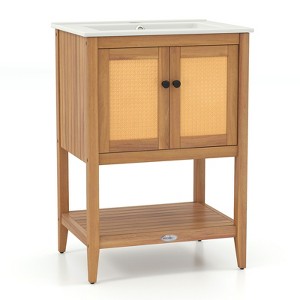 Tangkula 24" Bathroom Vanity w/ Sink 2 Rattan Doors & Open Slatted Shelf Freestanding - 1 of 4