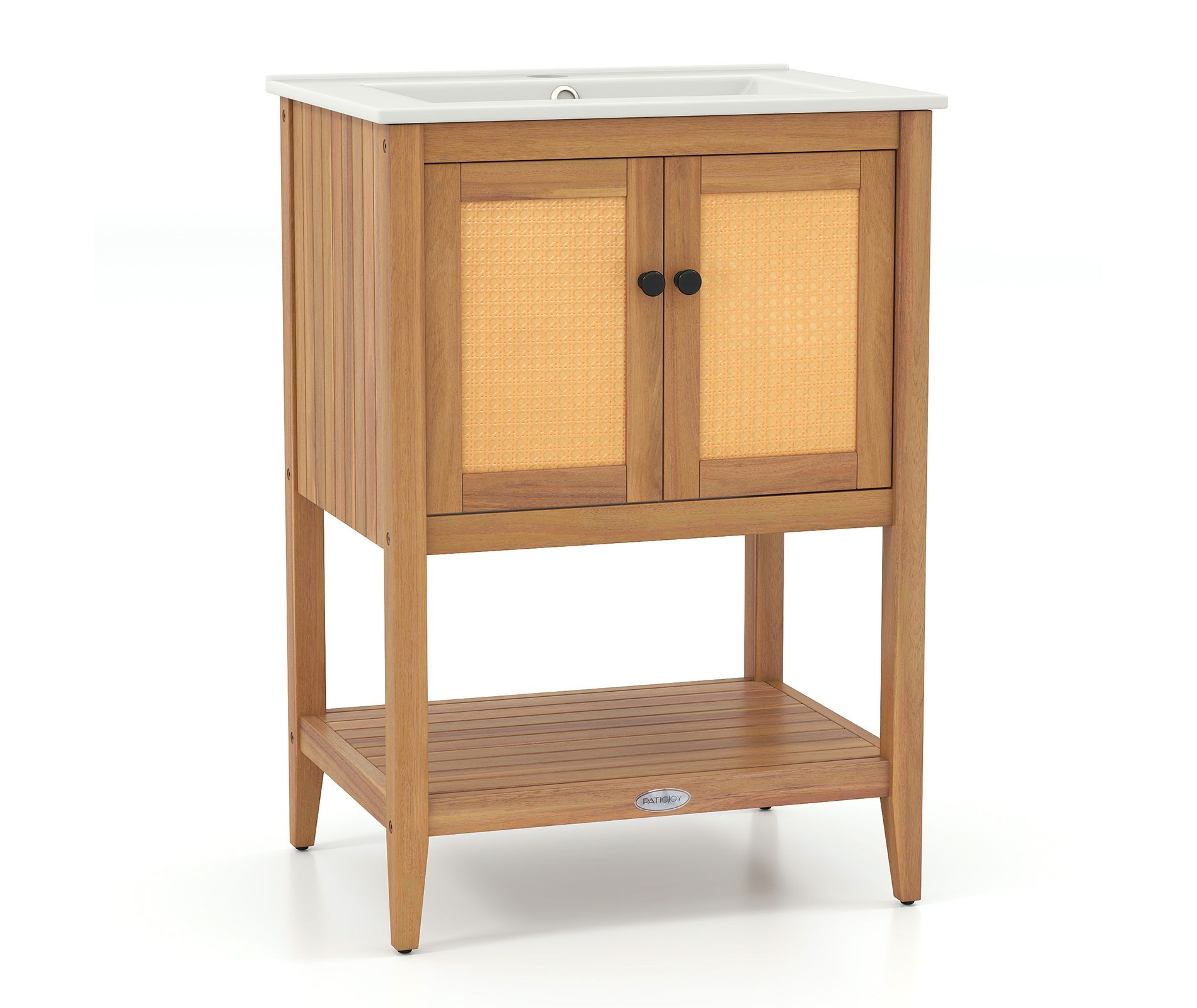 Costway 24" Bathroom Vanity w/ Sink 2 Rattan Doors & Open Slatted Shelf Freestanding