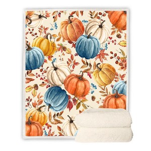 Itopfox Fall Pumpkins Throw Blanket, Soft Warm Fleece Blanket with Autumn Orange White Blue Pumpkins Leaves and Berries for Living Room Couch Bed - 1 of 4