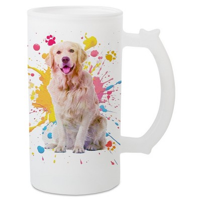 100 North Freezable Beer Stein Mug With Thumb Grip Handle, 16 Ounce Frosted Glass, Golden Retriever Paint Splatter
