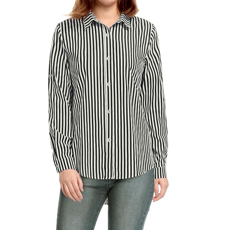 Allegra K Women's Striped Button Down Roll-up Long Sleeves Point Collar Shirt, 4 of 7
