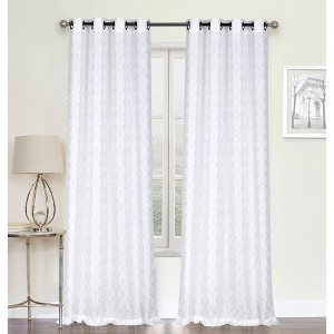 Kate Aurora 2 Piece Silver Sparkly Semi Sheer Trellis Quatrefoil Grommet Top Window Curtain Panels - 84 in. Long - 1 of 4