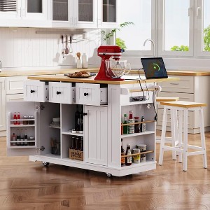 Kitchen Island Set Of 3, Rolling Cart With 2 Bar Stools, Table With 3 Drawers, 2 Door Drop Leaf, Power Outlet For Dining Room - 1 of 4