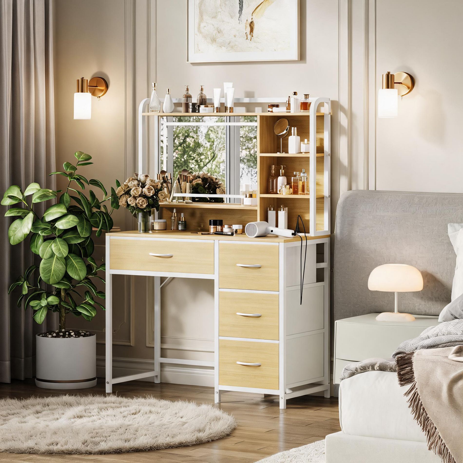 Square Mirror Makeup Vanity Table with Fabric Drawers and Storage Shelves for Bedroom