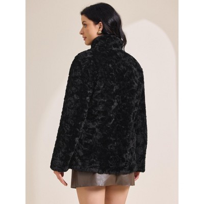 INSPIRE CHIC Women's Faux Fur Lapel Warm Overcoat with Pockets Winter Fluffy Jacket Small Black — фото 4