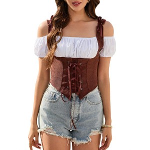 Women Costume Fake Two Piece Strappy Vintage Corset Vest Pirate Medieval Viking Steampunk Gothic Tank Top - 1 of 4