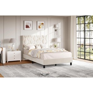 coucheta Platform Bed Frame with Upholstered Headboard and Wooden Slats Support, Upholstered Mattress Foundation - 1 of 4