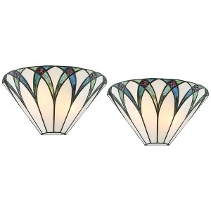 Regency Hill Filton Tiffany Style Wall Light Sconces Set of 2 Bronze Metal Hardwire 12 1/4" Fixture Blue White Art Glass for Bedroom Bathroom Vanity - 1 of 4