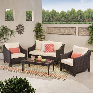 ONWITH 4PCS Wicker Chat Set - Brown wicker and Beige cushion - 1 of 4