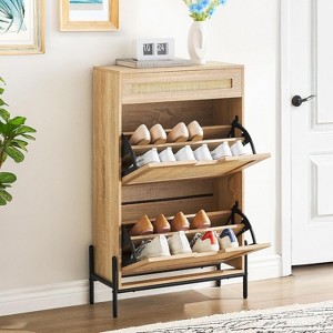 Rattan Shoe Storage Cabinet with 2 Flip Drawers – Hidden Slim Shoe Organizer for Entryway, Farmhouse Boho Narrow Shoe Rack - 1 of 4