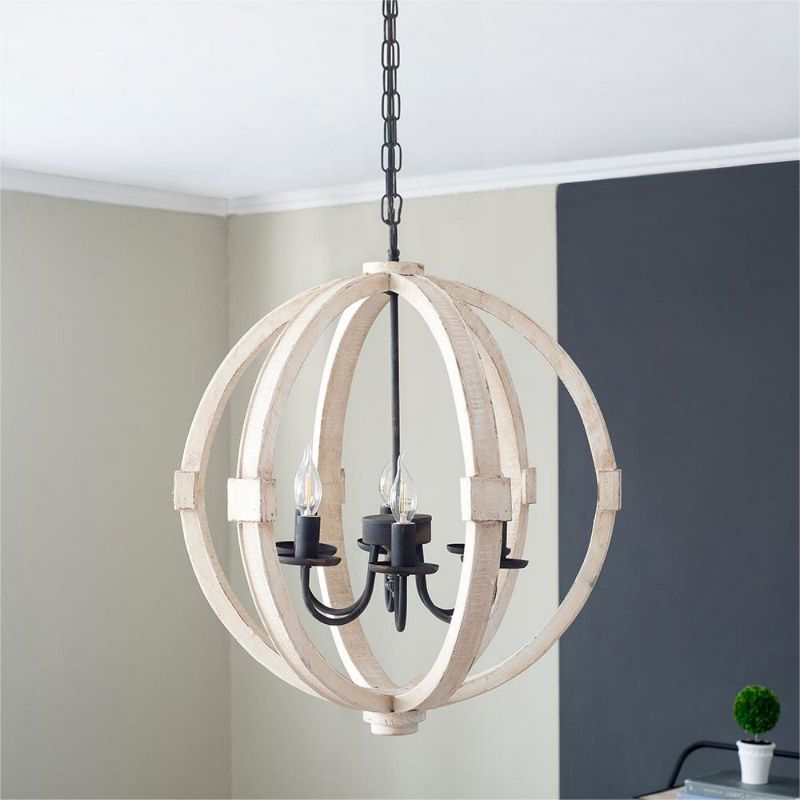 6 - Light Wood Chandelier, Spherical Hanging Light Fixture with Adjustable Chain for Kitchen Dining Room Foyer Entryway, Bulb Not Included, 2 of 8